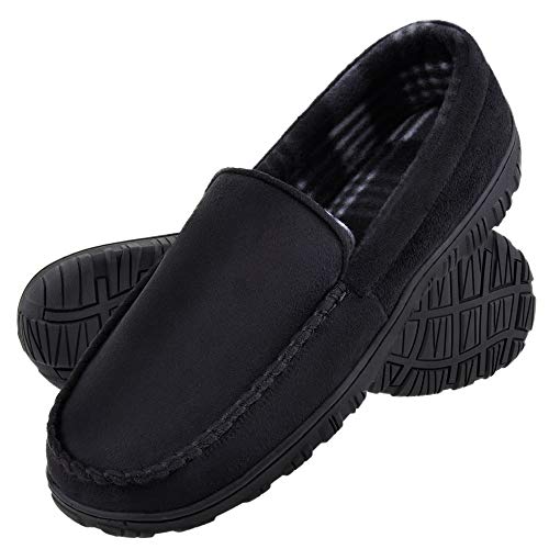festooning House Slippers for Men, Men's Suede Moccasin Slippers with Memory Foam Anti Skid Slip on House Shoes, Indoor Outdoor &Driving Loafers Shoes Black 11 M US