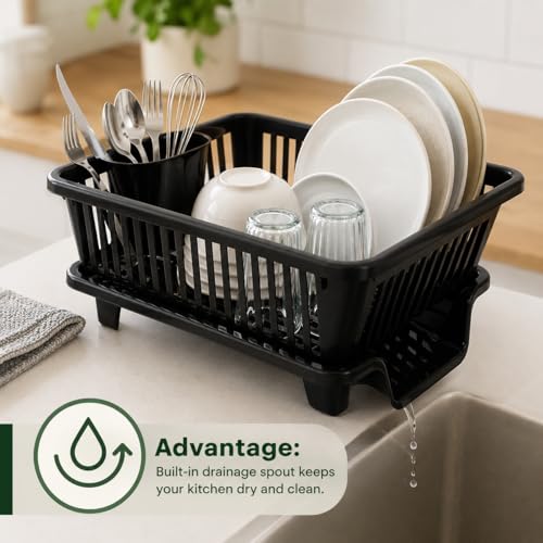 Image of Dish Rack, 3 in 1 Large Plastic Drainer Drying Rack Washing Basket with Tray, Utensil and Cutlery Organiser