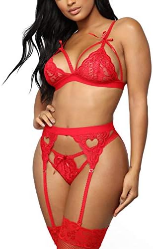 Aranmei Lingerie for Women 4 Piece Lingerie Set with Garter Belt and Stockings Bra and Panty Sets Sexy Lace Bodydoll Lingerie