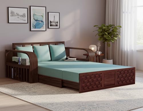 Image of APRODZ Solid Sheesham Wood Sofa Cum Bed 3 Seater Velevt Fabric with Blue Upholstery & Cushion Perfect Sofa Furniture for Home Living Office Room and Guests (Walnut Finish 75x69x30-Inch)