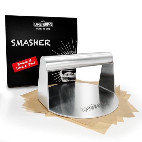 DREIBERG® Grillpersset (rond) incl. burgerpapier – roestvrijstalen burgerpers voor smashburgers. Burger smasher. Geperste burgerpers voor grill, pan & nog veel meer