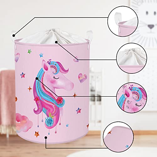 Clastyle 45L Pink Unicorn Kids Laundry Hamper Adorable Collapsible Laundry Basket With Drawstring Waterproof Toys Storage Basket With Handle, 14 * 17.7 In #TOP4