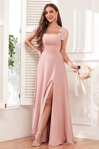 Women's Chiffon Bridesmaid Dresses with Slit Long Square Neck A-Line Formal Dress Evening Gown2