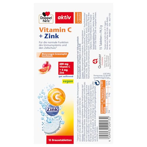 Doppelherz Vitamin C + Zink - für die normale Funktion des Immunsystems und den Zellschutz - vegan - 15 gut auflösende Brausetabletten mit Blutorangen-Granatapfel Geschmack