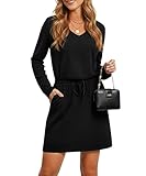 Coloquin Women Casual Long Sleeve V Neck Loose A Line Mini Dress Going Out T Shirt Short Dress with Pockets Black L