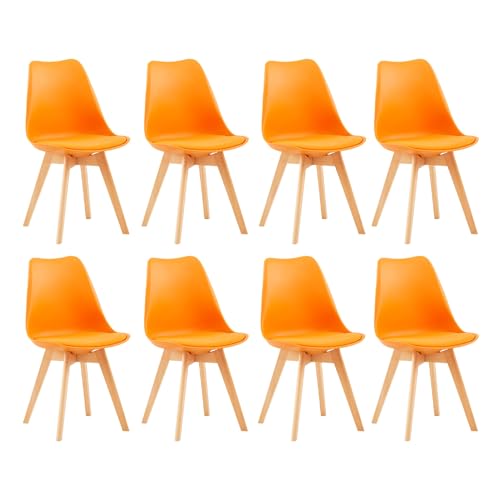 EGGREE 8er Set Esszimmerstühle mit Massivholz Buche Bein SGS Geprüfter, Skandinavisch Design Gepolsterter aus PU-Leder Küchenstuhl Essstühle, Orange