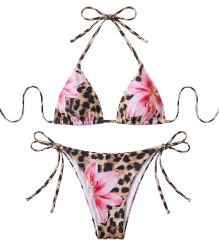 QJQ Women's 2 Piece Bikini Sets Floral Leopard Halter Triangle Bathing Suit Sexy Cheeky String Swimsuit Multicolor Small