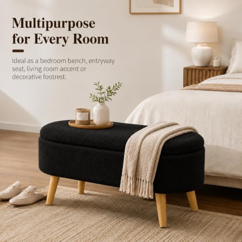 Image of Upholstered Ottoman Storage Bench, Premium Boucle Fabric, Heavy Duty 120 Kg Load Capacity, Multipurpose Seating for Living Room & Bedroom, Black