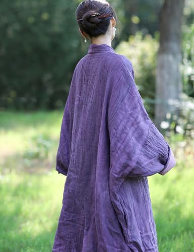 NFYM Women's Long Quilted Outerwear Jacket Texture Linen Shawl Collar Open Front Kimono Retro Winter Plus Size Jacket (US, Alpha, One Size, Plus, Regular, Dark Purple)