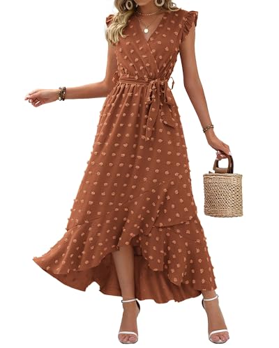 BTFBM Women V Neck Summer Dress 2025 Cap Sleeve Swiss Dot Boho Flowy Ruffle Slit Beach Party Long Maxi Cocktail Dresses(Orange Red, Medium)