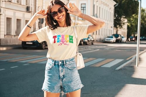 Image of Teacher Shirts Women Teach Print Graphic Tees Kindergarten Elementary Teaching Life Shirts Back to School Tees Tops