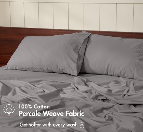Image of RUVANTI 100% Cotton Percale Sheets Twin XL - Crisp Cooling Summer Bed Sheets for Hot Sleepers, Deep Pocket 14 inch, Soft Peach Finish, Breathable & Durable Hotel-Style 3 Piece Set, Smoky Grey