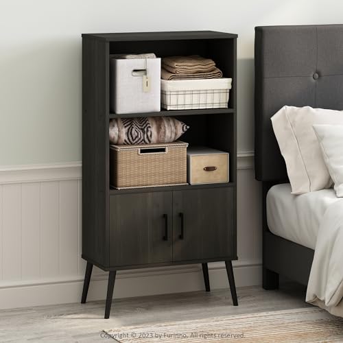 Furinno MIDCENTURY Storage Cabinet, 3 Tier Accent Cabinet with Open Shelves, Closed Cabinet, Wooden Legs, Organization and Storage, for Living Room, Home Office, Espresso - image 1