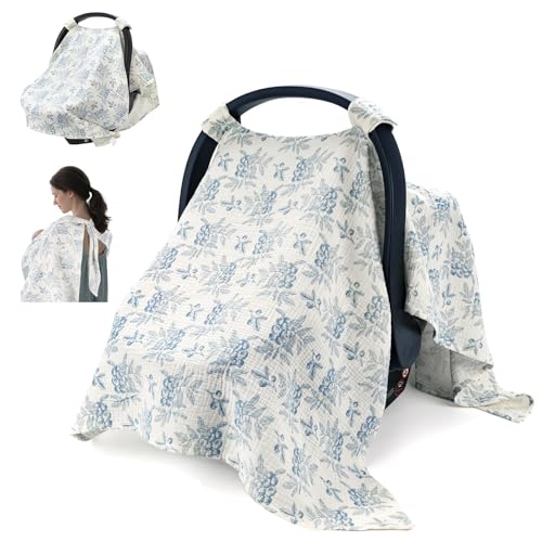 SERAPHY 2-in-1 Muslin Baby Car Seat Cover & Nursing Cover, Soft Lightweight Breastfeeding Cover for Boys and Girls,Breathable Canopy for Infant...