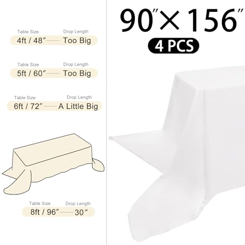 Image of 4 Pack Rectangle Tablecloth 90x156Inch White Polyester Table Cover for Wedding Dining Table Buffet Parties Banquet Decoration(White)