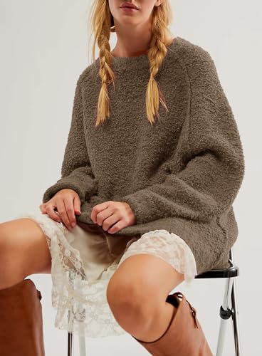 Image of Beaully Women's Oversized Crewneck Sweaters | Oversized style, Tunic sweater, Fuzzy knit, Soft knit, Loose fit, Drop shoulder