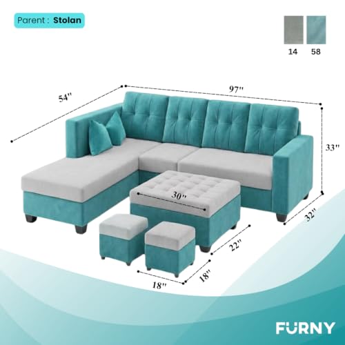 Image of FURNY Nathan 8 Seater L Shape Sofa Set LHS (Sky Blue-Light Grey) | Suede Velvet Finish | Durable Comfort Sofa for Modern Living Room & Office Spaces