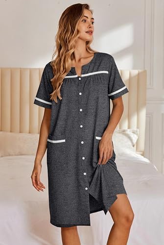 Image of Ekouaer Nightgowns for Women House Dress with Pockets Button Down Sleepshirt Short Sleeve Nightshirt Housecoat