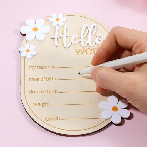 Image of Baby Announcement Sign, Wooden Hello World Sign Welcome Baby Newborn SignsWelcome Birth Name Board Plaques for Boys Girls Photo Props Hospital Nursery
