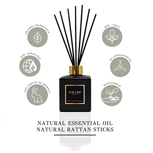 Touche Luxury Natural Reed Diffuser. Long Lasting Scented Home Fragrance. Natural Essential Oil Alcohol-Free. 4.75 Oz. Glass Bottle (Sandalwood & Fig - Black Bottle) #TOP4