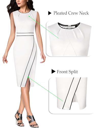 Image of VFSHOW Womens Pleated Crew Neck Front Split Work Business Office Party Bodycon Pencil Sheath Dress