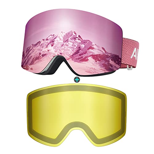AVAWAY Skibrille Rahmenlose Snowboard Brille für Damen Herren Zylinder Verspiegelt Magnet-Wechselsystem OTG UV-Schutz Anti Fog Linse Cover