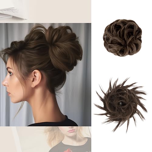 Ellareese 2Pcs Messy Bun Hair Piece Tousled Updo Curly Ponytail Hair Extensions Wavy Hairpieces For Women Scrunchies Synthetic Chignon #TOP3