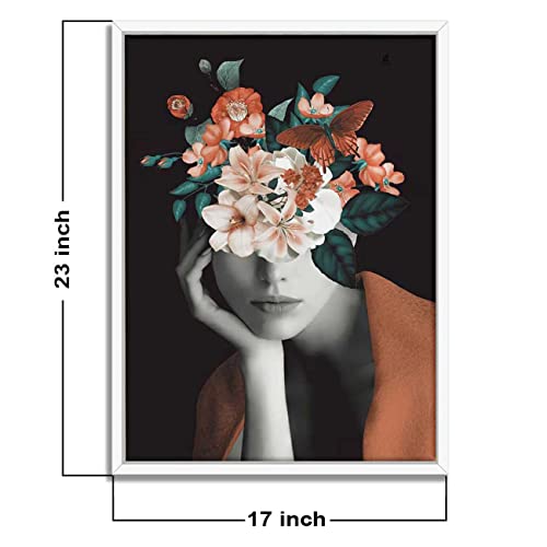 Image of PAINTINGMANTRA Masala Brown Girl & Flower Bouquet White Framed Canvas Print for Wall, Home and Living Room Decoration (Size - 23 x 17 Inchs)