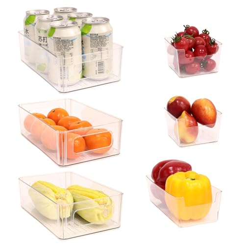 Refrigerator Organizer Bins 6 Pack Fridge Organizers with Handles Clear Freezer Storage Containers for Pantry, Cabinets,Shelves, Drawer