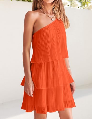 Image of ZESICA Women's Boho Summer One Shoulder Sleeveless Ruffle Tiered Layered Chiffon Pleated A Line Flowy Mini Dress