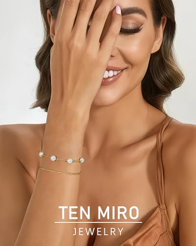TEN MIRO Gold Pearl Bracelets for Women,16K Gold Plated Bracelets Dainty Pearls Beaded Link Chain Charm Bracelets Set Layered Non Tarnish Jewelry for Women3