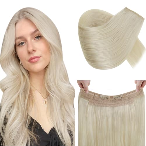 RUNATURE Invisible Wire Hair Extensions Real Human Hair White Blonde Invisible Fish Line Hair Extensions Human Hair White Blonde One Piece Straight Hiar 14 Inch 70g #60 - Image 2