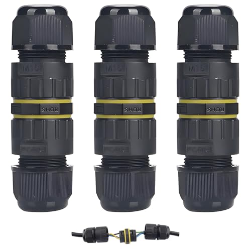 Xiciki 3Pcs IP68 Waterproof Junction Box, Outdoor Cable Electrical Connectors，External Cord Protection with 240v M16 Plug for Cable Diameter Ø3.5-7mm, Wire Connector External Sleeve Coupler
