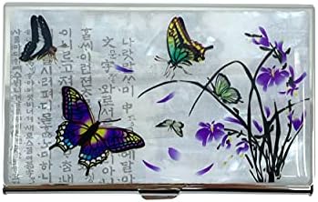 Mother of Pearl Business Card Case Credit Id Name Holder Travel Wallet Art Painting Design Metal Stainless Steel Engraved Slim Purse Pocket Cash Money Wallet (Purple Butterfly)