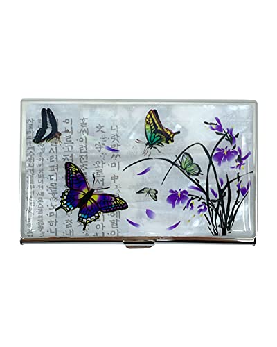 Mother Of Pearl Business Card Case Credit Id Name Holder Travel Wallet Art Painting Design Metal Stainless Steel Engraved Slim Purse Pocket Cash Money Wallet (Purple Butterfly) #TOP1