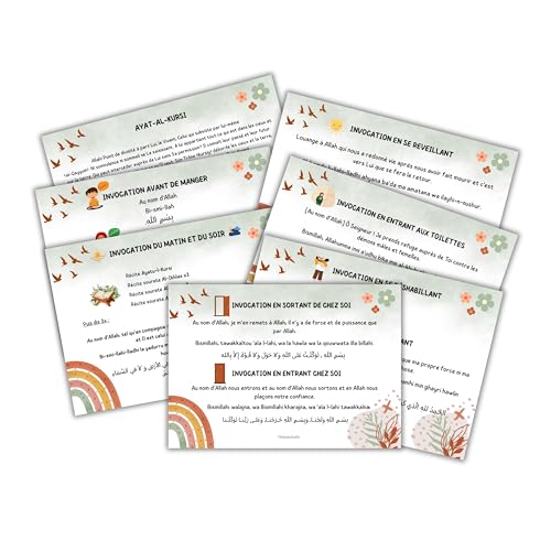 Pack de 7 Stickers Invocations Quotidiennes Islam pour Enfants – Format A5 – Autocollants Adhésifs – Douas en Français, Arabe et Phonétique –...