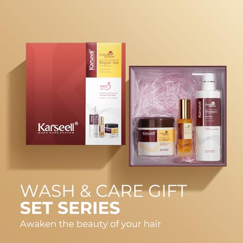 Karseell Feuchtigkeitsspendend Reparatur Set, Kollagen Haarmaske Shampoo Haaröl Geschenkset für Trockenes Geschädigtes Haar Alle Haartypen 2 x 500ml + 50ml