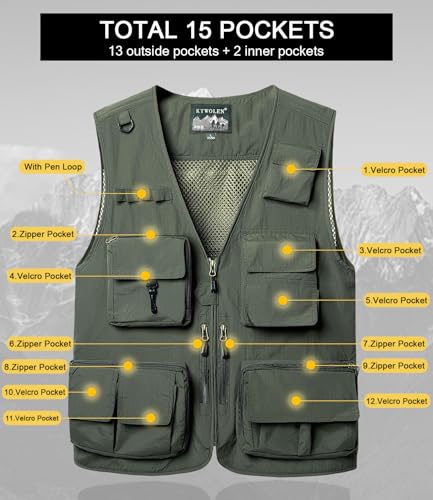 KTWOLEN Herren Anglerweste Sommer Leicht Schnelltrockenweste Funktionsweste Outdoor Fotografie Hundesport Weste Ärmellos Safari Weste mit Viele Taschen, Grün, 3XL