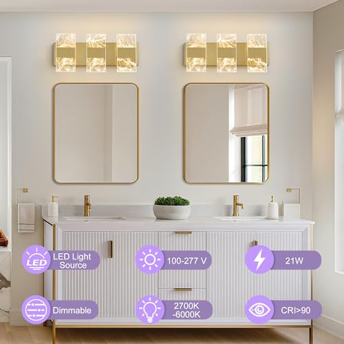 Image of Modern LED Bathroom Light Fixtures Dimmable 3-Light Gold Vanity Light