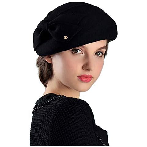 F FADVES Womens Wool Felt French Berets Bowler Hat Artist Boina Bowknot Cap Black Cover