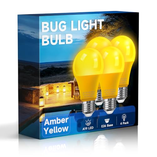 FUJIECO Yellow Bug Light Bulbs Outside 9W 4 Pack 60W Equivalent E26 A19
