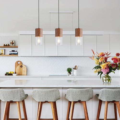 Image of Modern Pendant Lights for Kitchen Island, Adjustable Pendant Light Fixtures with Brown Wood Grain, Industrial Clear Glass Pendant Lights for Dining Table Hallway Bedroom Living Room,1 Pack