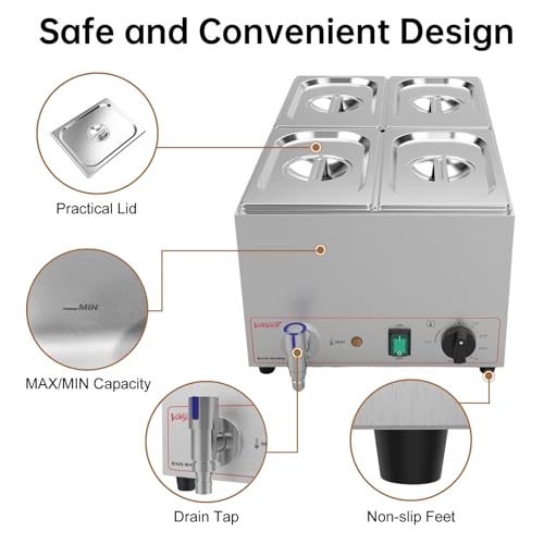Valgus Kommerziell Edelstahl 4 Sektionen 15L Bain Marie Speisenwärmer Buffet Server mit Deckel und Wasserhahn für Haus, Catering, Restaurants – Bild 4