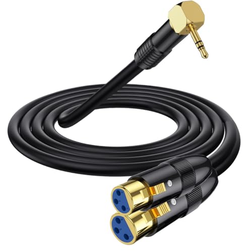XLR to 3.5mm Y Splitter Cable, Right Angle 90Deg 3.5mm Mini Jack Stereo Male to 2 XLR Female Microphone Connector