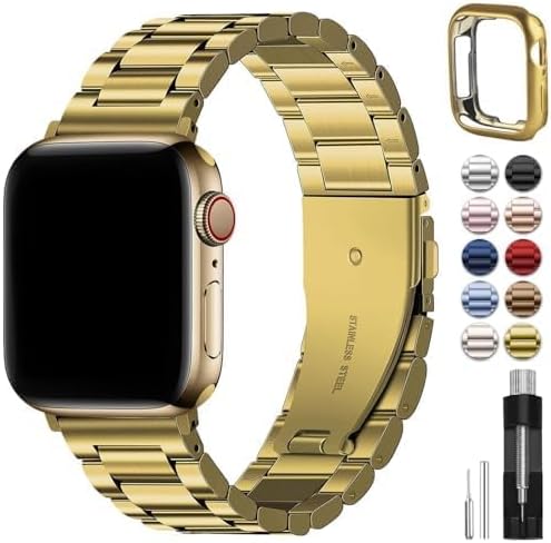 Fullmosa Metal Band Compatible with Apple Watch Bands Series 11 10 46mm, Stainless Steel Strap iWatch Band with Case for Apple Watch, Golden