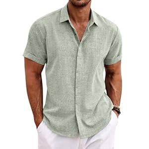 COOFANDY Mens Linen Shirts Short Sleeved Summer Regular Fit Cotton Shirt Button Down Hawaiian Holiday Tops