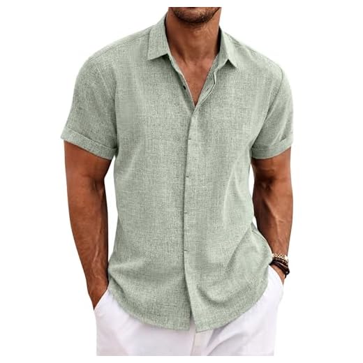 COOFANDY Chemise en Lin pour Hommes Chemises d'été à Manches Courtes Chemises en Lin Unies Chemise décontractée sans Repassage Vert Clair L