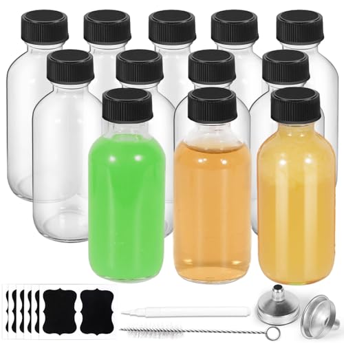 Wewymewo 12-Pack 2oz Glass Bottles with Lids - Leakproof 60ml Decorative Boston Round Shot Bottles with Funnels Brush Chalk Marker Labels for Ginger Juice & Vanilla Extract - Mini Travel Size