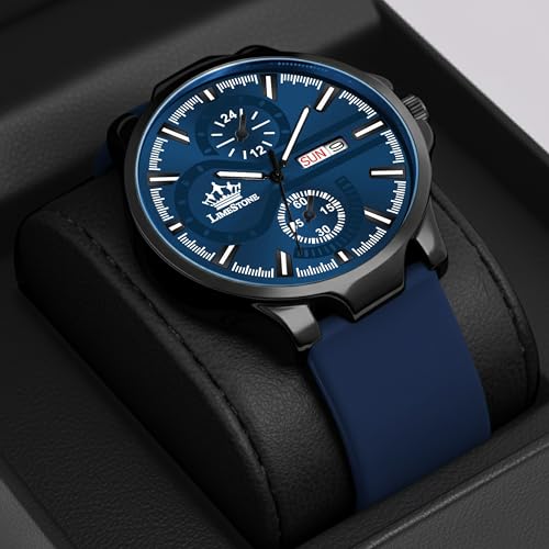 Image of LIMESTONE Men's Analog Quartz Watch with Day & Date Display, Leather /Silicone Strap - Casual & Formal Wrist Watch for Men