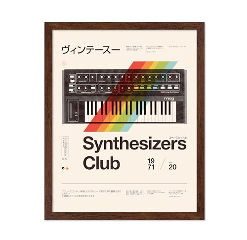 Monem Art Retro Rainbow Synthesizer Print - Vintage Music Instrument Art Poster - Wall Decor for Living Room, Bedroom or Office - 8x10 Brown Framed Wall Art by Florent Bodart